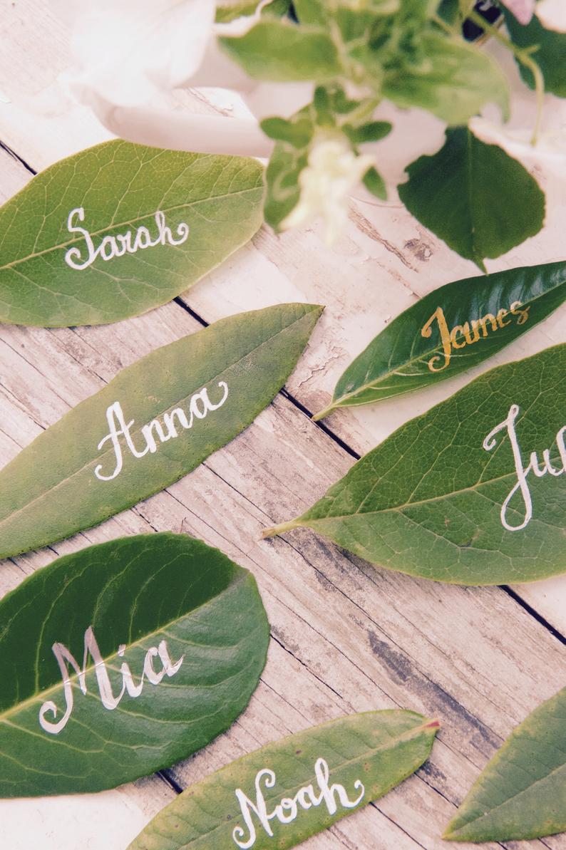 Sustainable Wedding Leaf Name Cards For Table