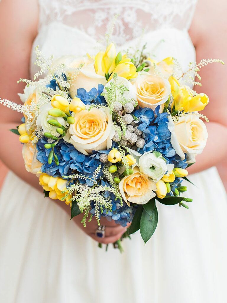 blue and yellow bouquet for spring wedding color palette