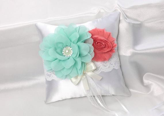 mint and coral ring bearer pillow for spring wedding color palette