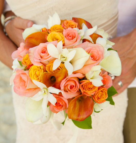 pink white orange bouquet for spring wedding color palette